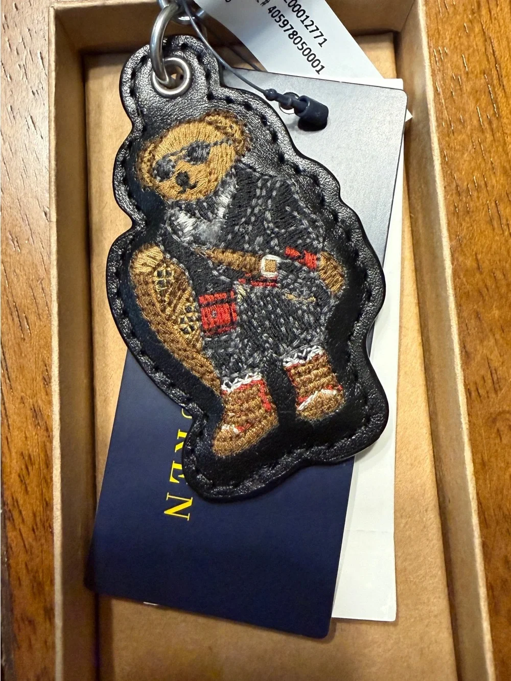 Polo Ralph Lauren Leather Bear Keychain - Brown/Black Embroidered Charm